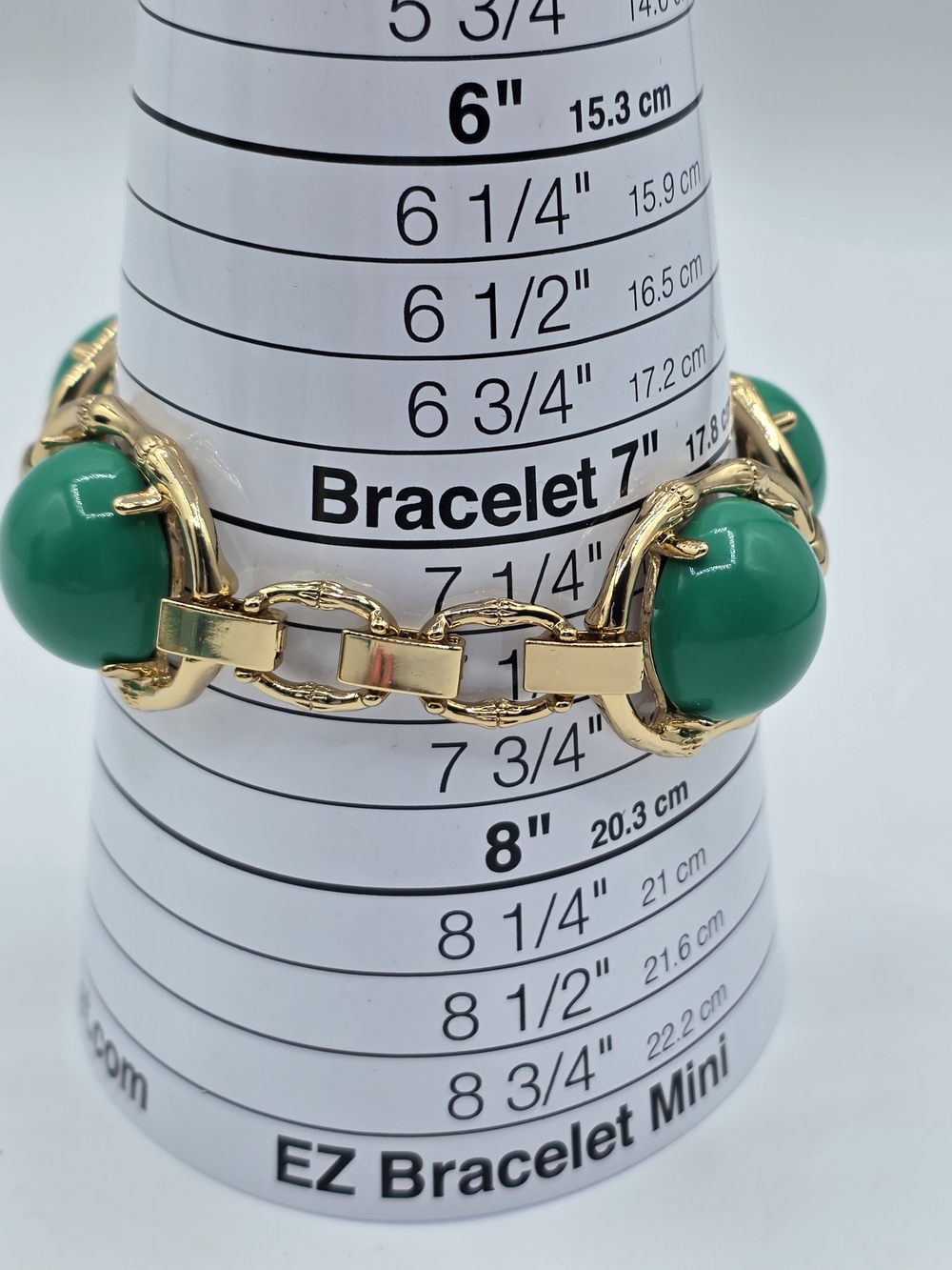 Stella & Dot Gold Bamboo Link Bracelet Green Cabochon Statement Jewelry 6.5-7.5” - Picture 8 of 9